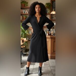DIANE VON FURSTENBURG DVF Wool Wrap Dress Black 3/4 Sleeves Classic